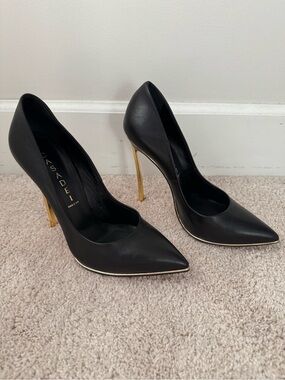Casadei Black Blade Leather Pointed Stiletto Pumps with Gold Heel